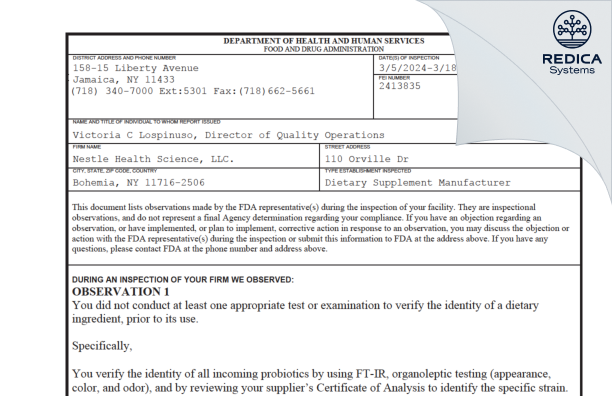 FDA 483 - Nestle Health Science, LLC. [Bohemia / United States of America] - Download PDF - Redica Systems