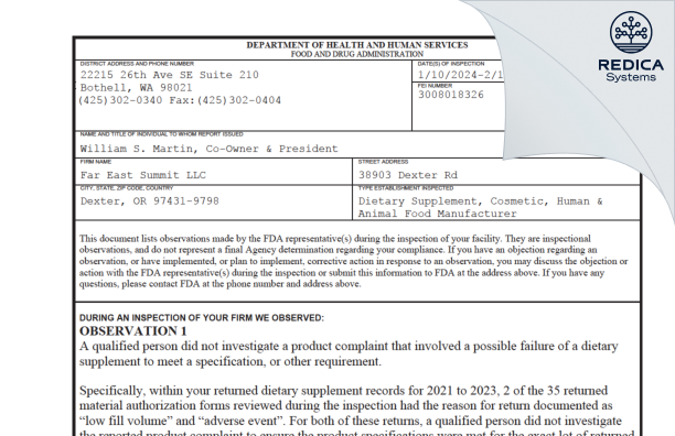 FDA 483 - Far East Summit LLC [Dexter / United States of America] - Download PDF - Redica Systems