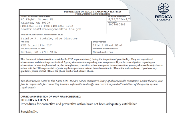 FDA 483 - KSE Scientific LLC [Durham / United States of America] - Download PDF - Redica Systems