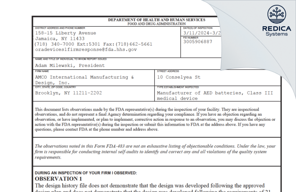 FDA 483 - AMCO International Manufacturing & Design, Inc. [Brooklyn / United States of America] - Download PDF - Redica Systems