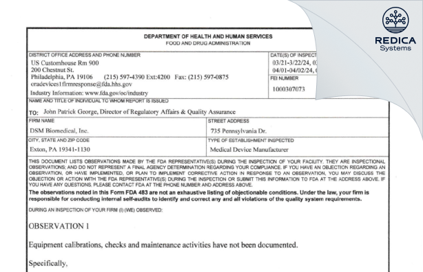 FDA 483 - DSM Biomedical, Inc. [Exton / United States of America] - Download PDF - Redica Systems