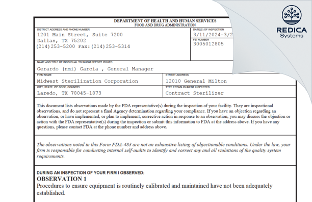 FDA 483 - Midwest Sterilization Corporation [Laredo / United States of America] - Download PDF - Redica Systems