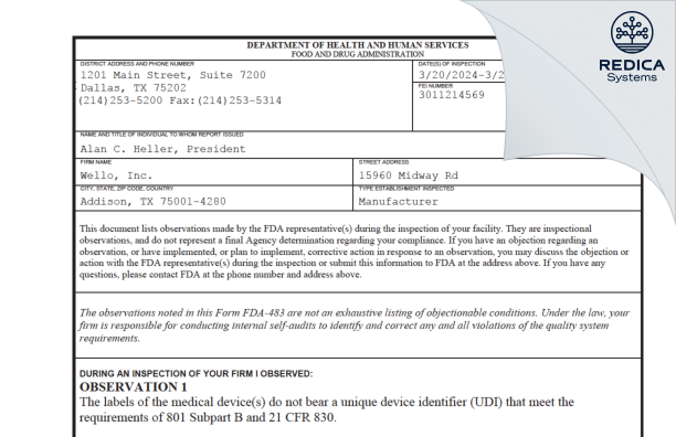 FDA 483 - Wello, Inc. [Addison / United States of America] - Download PDF - Redica Systems