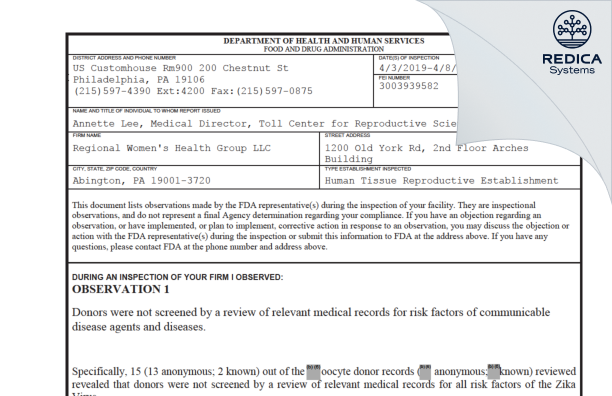 FDA 483 - Main Line Fertility Clinic P.C. [Fort Washington / United States of America] - Download PDF - Redica Systems