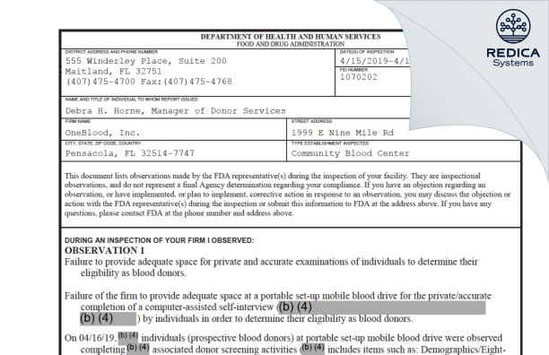 FDA 483 - OneBlood, Inc. [Pensacola / United States of America] - Download PDF - Redica Systems