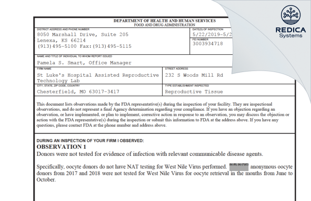 FDA 483 - St Luke's Hospital Assisted Reproductive Technology Lab [Chesterfield / United States of America] - Download PDF - Redica Systems