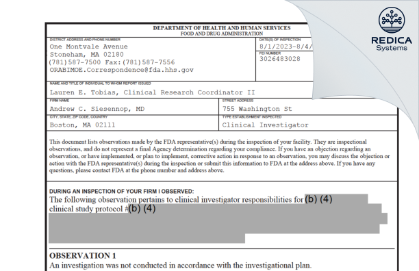 FDA 483 - Andrew C. Siesennop, MD [Boston / United States of America] - Download PDF - Redica Systems