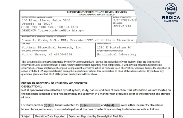 FDA 483 - Northern Biomedical Research, Inc. [Norton Shores / United States of America] - Download PDF - Redica Systems