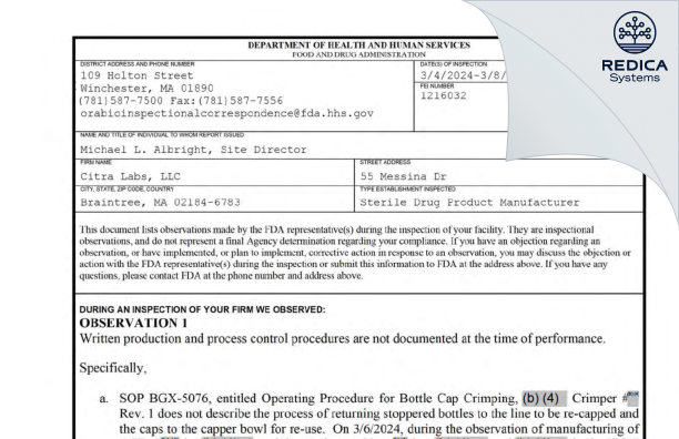 FDA 483 - Citra Labs, LLC [Braintree / United States of America] - Download PDF - Redica Systems