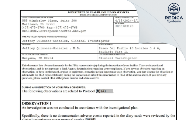 FDA 483 - Jeffrey Quinones-Gonzalez , M.D. [Mayagüez / Puerto Rico] - Download PDF - Redica Systems