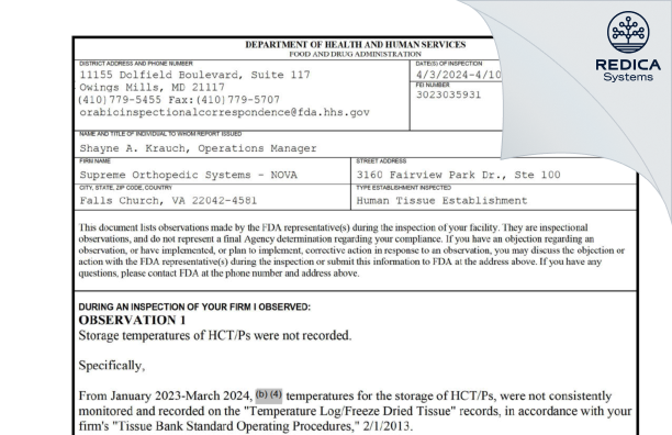 FDA 483 - Supreme Orthopedic Systems - NOVA [Falls Church / United States of America] - Download PDF - Redica Systems