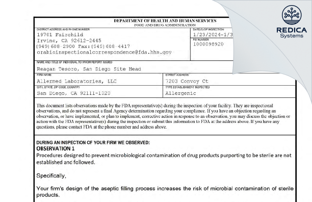 FDA 483 - Allermed Laboratories, Inc. [San Diego / United States of America] - Download PDF - Redica Systems