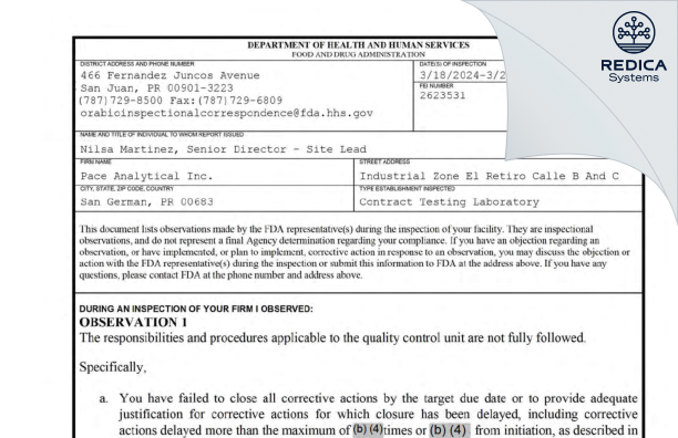 FDA 483 - Pace Analytical,Inc. [Retiro / Puerto Rico] - Download PDF - Redica Systems