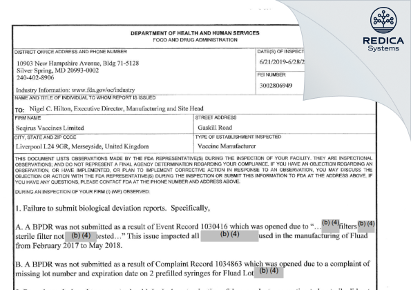 FDA 483 - Seqirus Vaccines Limited [Liverpool / United Kingdom of Great Britain and Northern Ireland] - Download PDF - Redica Systems