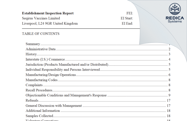 EIR - Seqirus Vaccines Limited [Liverpool / United Kingdom of Great Britain and Northern Ireland] - Download PDF - Redica Systems