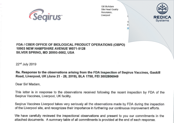 FDA 483 Response - Seqirus Vaccines Limited [Liverpool / United Kingdom of Great Britain and Northern Ireland] - Download PDF - Redica Systems