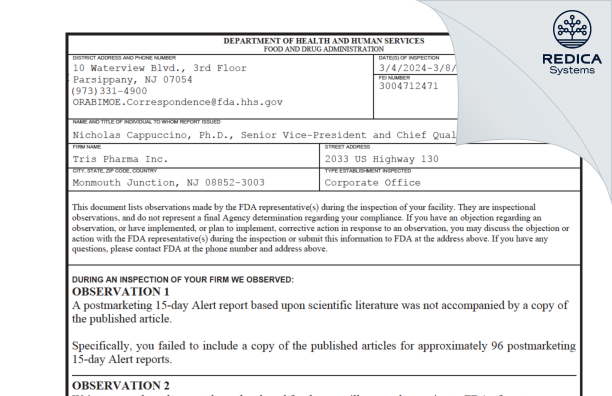 FDA 483 - Tris Pharma Inc [Monmouth Junction / United States of America] - Download PDF - Redica Systems