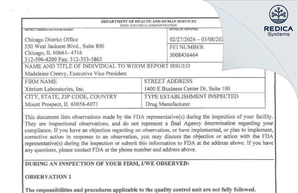 FDA 483 - Xttrium Laboratories, Inc. [Mount Prospect / United States of America] - Download PDF - Redica Systems