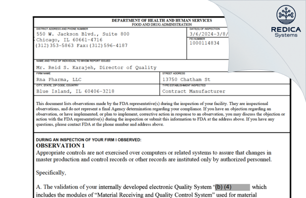 FDA 483 - RNA Corporation [Blue Island / United States of America] - Download PDF - Redica Systems