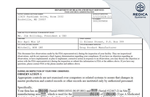 FDA 483 - Bio Agri Mix LP [Mitchell / Canada] - Download PDF - Redica Systems