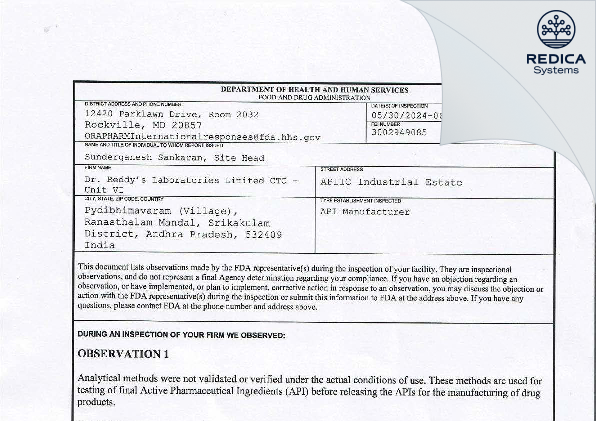 FDA 483 - Dr Reddy's Laboratories Limited [Ranastalam / India] - Download PDF - Redica Systems