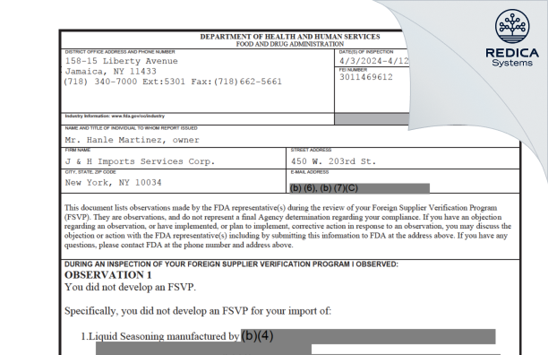 FDA 483 - J & H Imports Services Corp. [New York / United States of America] - Download PDF - Redica Systems