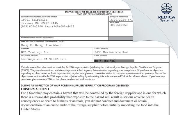 FDA 483 - WCS Trading, Inc. [Los Angeles / United States of America] - Download PDF - Redica Systems