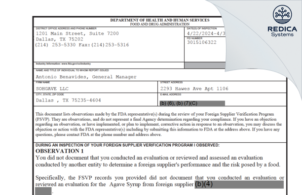 FDA 483 - SOHGAVE LLC [Dallas / United States of America] - Download PDF - Redica Systems