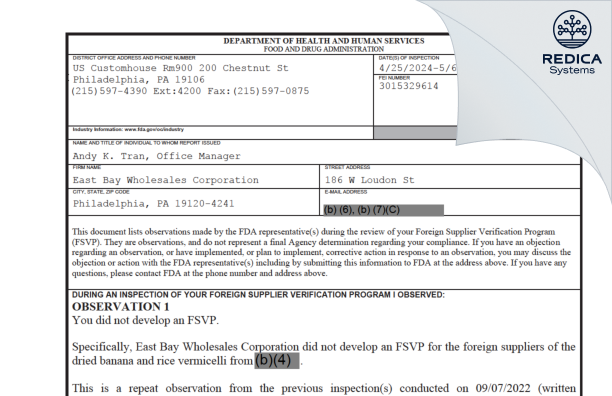 FDA 483 - East Bay Wholesales Corporation [Philadelphia / United States of America] - Download PDF - Redica Systems