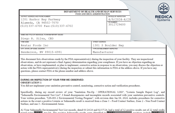 FDA 483 - Avatar Foods Inc [Henderson / United States of America] - Download PDF - Redica Systems