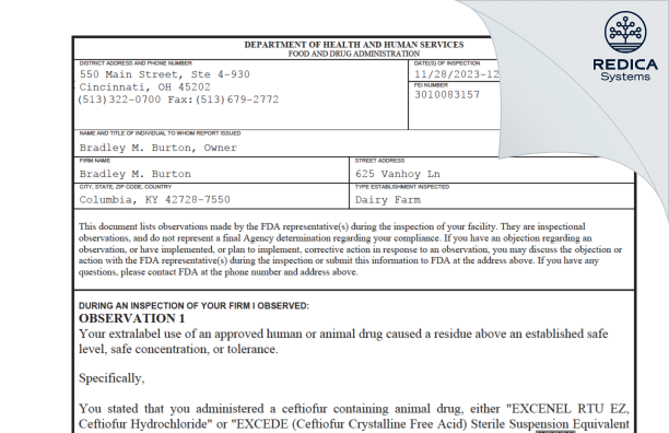 FDA 483 - Bradley M. Burton [Columbia / United States of America] - Download PDF - Redica Systems