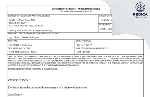 FDA 483 - Jay Parker & Sons, LLC [North Manchester / United States of America] - Download PDF - Redica Systems