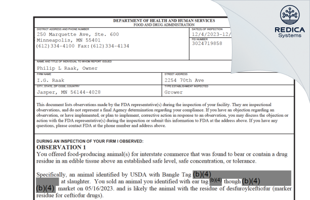 FDA 483 - I.G. Raak [Jasper / United States of America] - Download PDF - Redica Systems