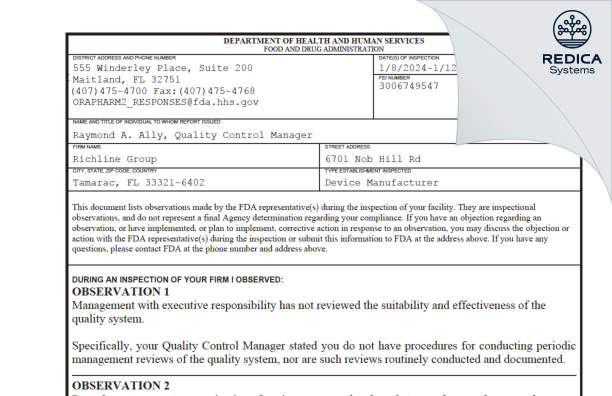 FDA 483 - The Richline Group, Inc. [Tamarac / United States of America] - Download PDF - Redica Systems