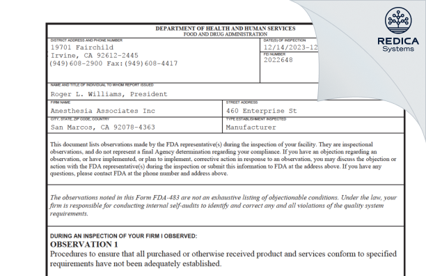 FDA 483 - Anesthesia Associates Inc [San Marcos / United States of America] - Download PDF - Redica Systems