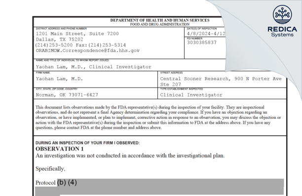 FDA 483 - Yaohan Lam, M.D. [Norman / United States of America] - Download PDF - Redica Systems