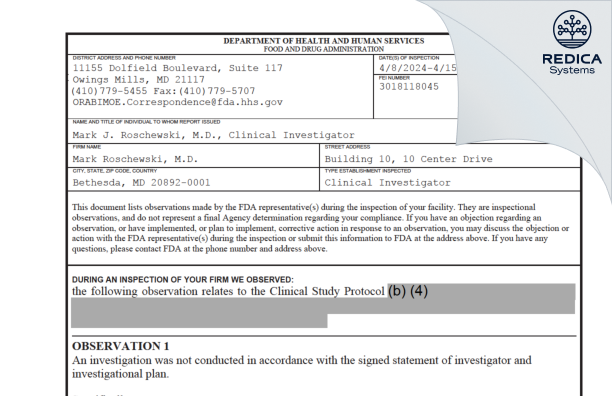 FDA 483 - Mark Roschewski, M.D. [Bethesda / United States of America] - Download PDF - Redica Systems