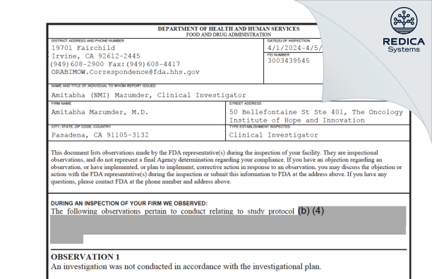 FDA 483 - Amitabha Mazumder, M.D. [Pasadena / United States of America] - Download PDF - Redica Systems