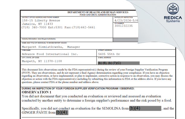 FDA 483 - Advance Food International Inc. [Maspeth / United States of America] - Download PDF - Redica Systems