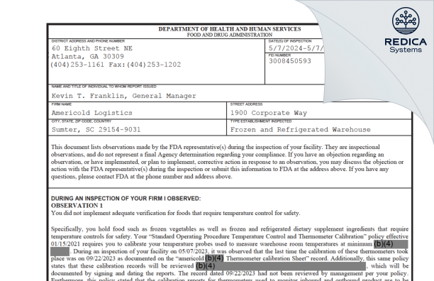 FDA 483 - Americold Logistics [Sumter / United States of America] - Download PDF - Redica Systems