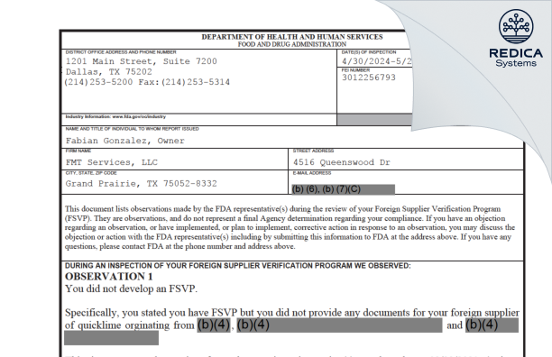 FDA 483 - FMT Services, LLC [Grand Prairie / United States of America] - Download PDF - Redica Systems