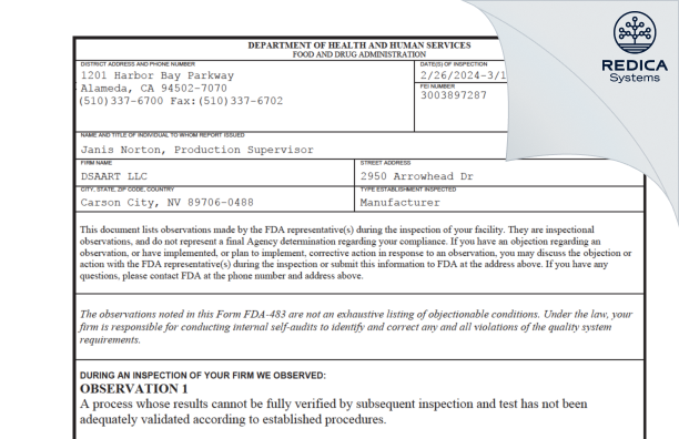 FDA 483 - DSAART LLC [Carson City / United States of America] - Download PDF - Redica Systems