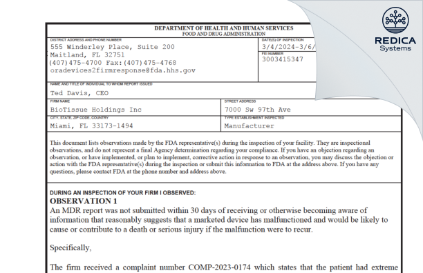 FDA 483 - BioTissue Holdings Inc [Miami / United States of America] - Download PDF - Redica Systems