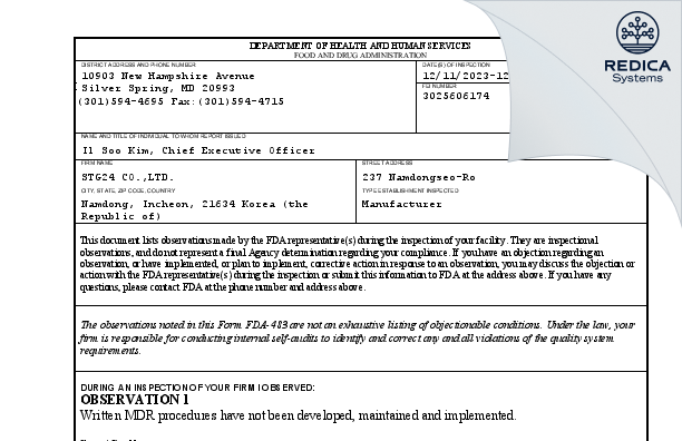 FDA 483 - STG24 CO.,LTD. [- / Korea (Republic of)] - Download PDF - Redica Systems