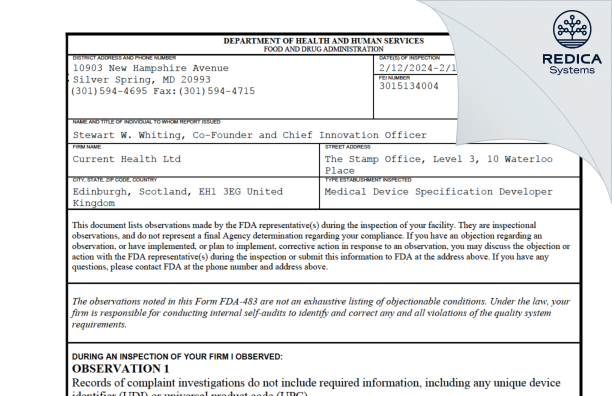 FDA 483 - Current Health Ltd [Edinburgh / United Kingdom of Great Britain and Northern Ireland] - Download PDF - Redica Systems