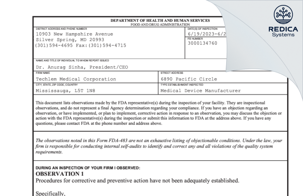 FDA 483 - Techlem Medical Corporation [Mississauga / Canada] - Download PDF - Redica Systems