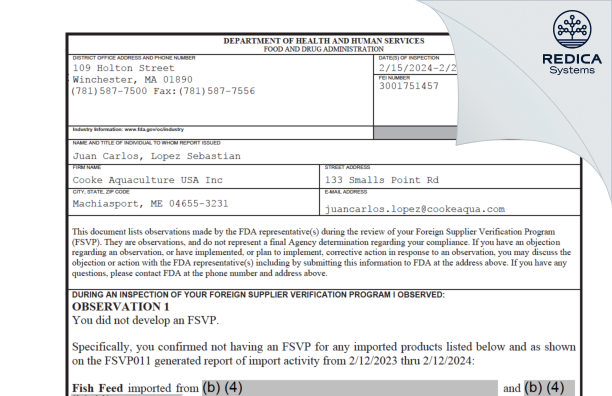 FDA 483 - Cooke Aquaculture USA Inc [Machiasport / United States of America] - Download PDF - Redica Systems