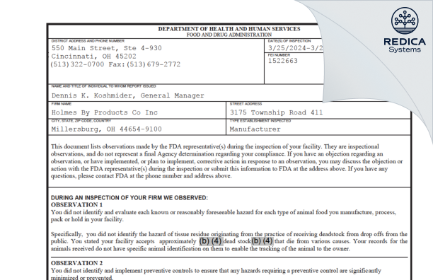 FDA 483 - Holmes By Products Co Inc [Millersburg / United States of America] - Download PDF - Redica Systems