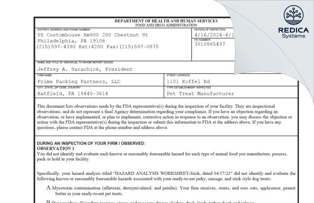 FDA 483 - Prime Packing Partners, LLC [Hatfield / United States of America] - Download PDF - Redica Systems