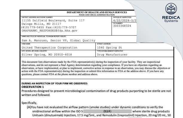 FDA 483 - United Therapeutics Corporation [Silver Spring / United States of America] - Download PDF - Redica Systems